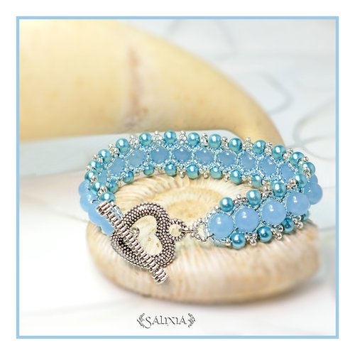 Bracelet tissé à l'aiguille quartz bleu perles turquoise toggle coeur ou mousqueton en acier inoxydable (#pl13)