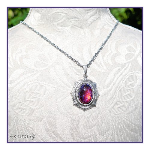 Pièce unique - collier pendentif en laiton haute qualité plaqué argent cabochon "souffle du dragon" (#c93)