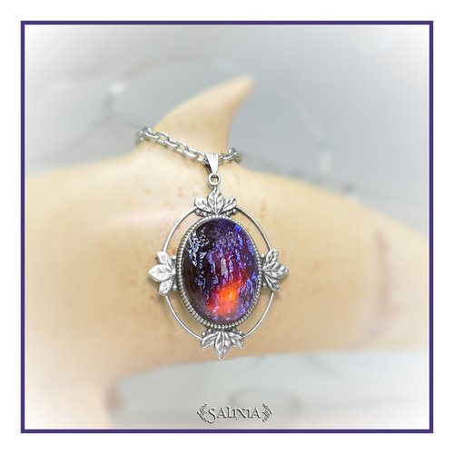 Pièce unique - collier victorien pendentif laiton haute qualité plaqué argent cabochon "souffle du dragon" (#c94)