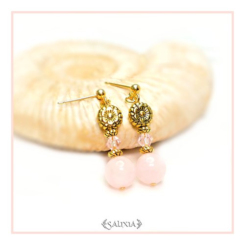 Boucles d'oreilles "collection sunflower" cristal pierres fines de quartz rose puces crochets ou dormeuses au choix (#bo358.a)