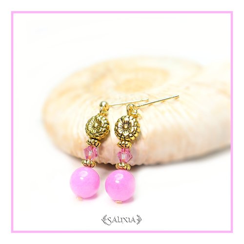 Boucles d'oreilles "collection sunflower" cristal pierres fines de jade rose puces crochets ou dormeuses au choix (#bo359)