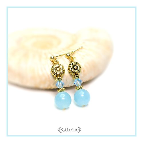 Boucles d'oreilles "collection sunflower" cristal pierres fines de quartz bleu puces crochets ou dormeuses au choix (#bo360)