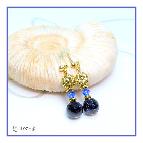 Boucles d'oreilles "collection sunflower" cristal sandstone bleu nuit puces crochets ou dormeuses au choix (#bo363)