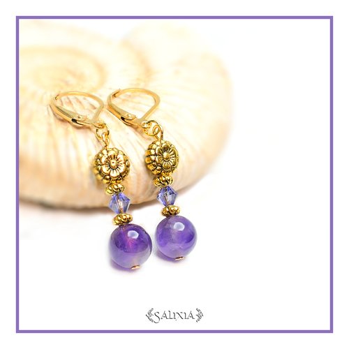 Boucles d'oreilles "collection sunflower" cristal pierre fine d'améthyste naturelle dormeuses ou crochets au choix (#bo367)