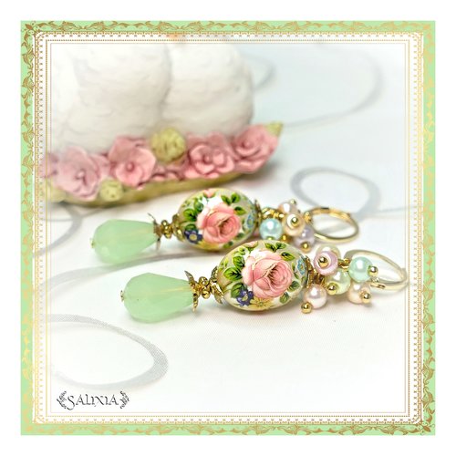 Boucles d'oreilles "collection fleurs de tensha" vert jade créoles ou crochets au choix (#bo368) - vidéo hd dans détails !
