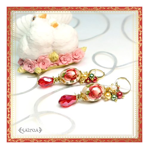 Boucles d'oreilles "collection fleurs de tensha" rouge siam créoles ou crochets au choix (#bo369) - vidéo hd dans détails !