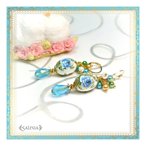 Boucles d'oreilles "collection fleurs de tensha"  bleu aquamarine créoles ou crochets au choix (#bo370) - vidéo hd dans détails !