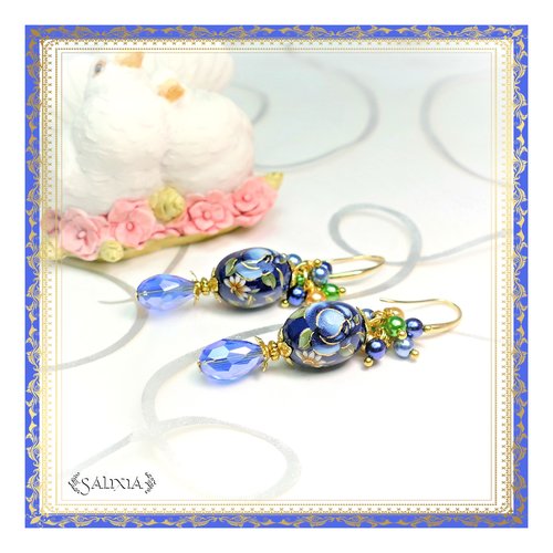 Boucles d'oreilles "collection fleurs de tensha" bleu saphir crochets au choix (#bo372) - vidéo hd dans détails !