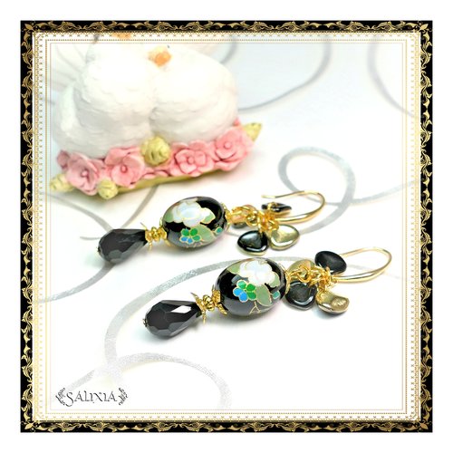 Boucles d'oreilles "collection fleurs de tensha" noires crochets au choix (#bo374) - vidéo hd dans détails !