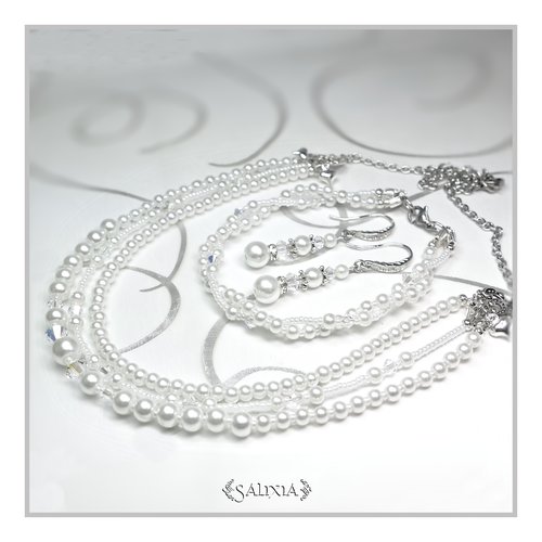 Collier "enya" cristal aurore boréale perles nacrées blanches chaine et mousqueton acier inoxydable (#c98 p108)