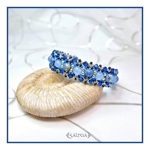Bracelet tissé à l'aiguille perles japonaises cristal bleu jaspe impérial jade de malaisie mousqueton acier inoxydable (#bc82)