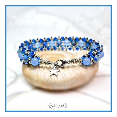 Bracelet tissé à l'aiguille perles japonaises cristal bleu jaspe impérial jade de malaisie mousqueton acier inoxydable (#bc82)