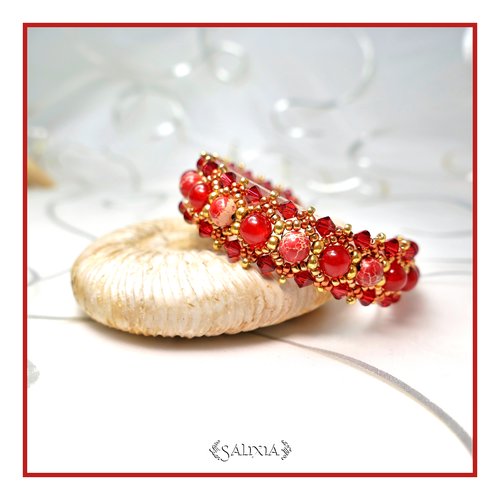 Bracelet tissé à l'aiguille perles japonaises cristal rouge jaspe impérial jade de malaisie mousqueton acier inoxydable doré (#bc83)