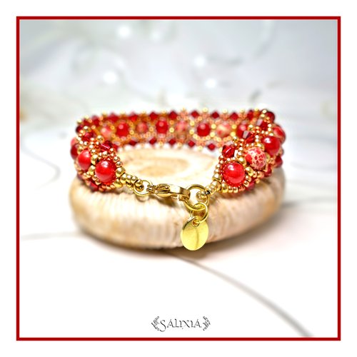 Bracelet tissé à l'aiguille perles japonaises cristal rouge jaspe impérial jade de malaisie mousqueton acier inoxydable doré (#bc83)