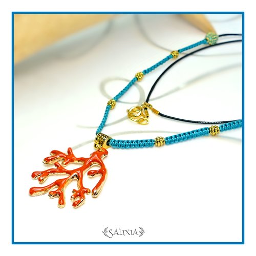 Collier "loriana" branche de corail tissage macramé fermoir acier inoxydable doré (#c100 p110)