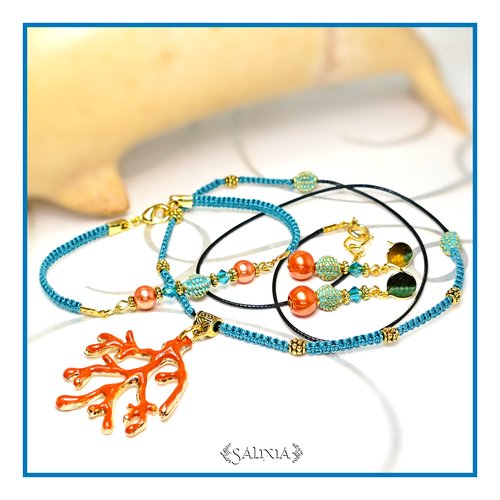 Collier "loriana" branche de corail tissage macramé fermoir acier inoxydable doré (#c100 p110)