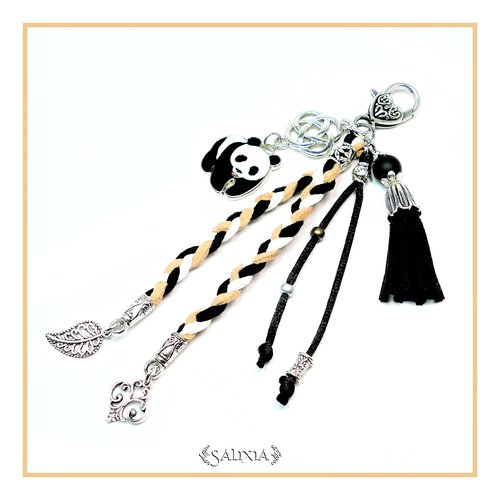 Bijou de sac - porte clefs panda connecteur celtique feuille et fleur de lys argent pompon suédine noir agate noire givrée (#bds12)