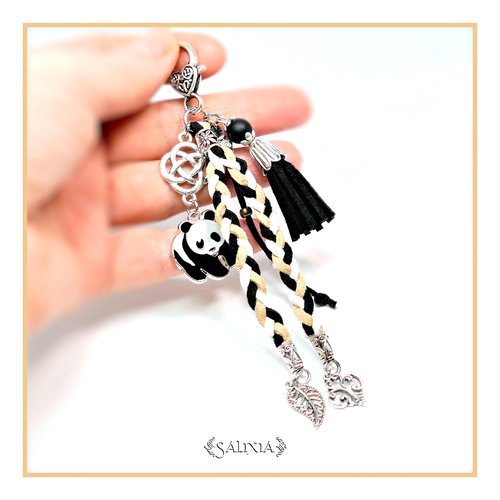 Bijou de sac - porte clefs panda connecteur celtique feuille et fleur de lys argent pompon suédine noir agate noire givrée (#bds12)