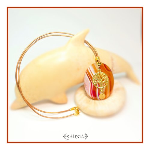 Pièce unique - collier pendentif en pierre fine d'agate striée arbre de vie doré cordon cuir bronze doré (#c101)