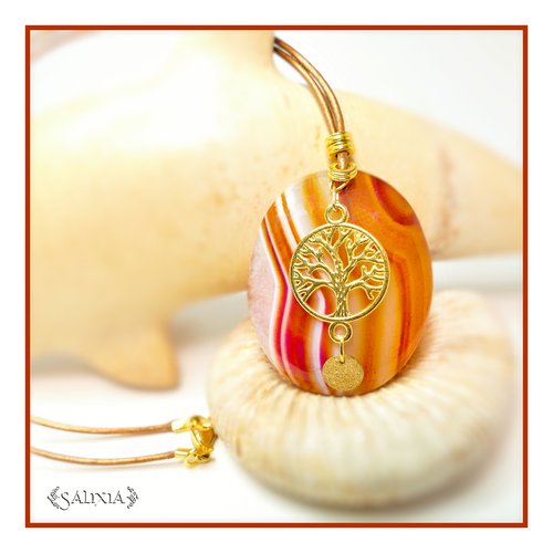 Pièce unique - collier pendentif en pierre fine d'agate striée arbre de vie doré cordon cuir bronze doré (#c101)