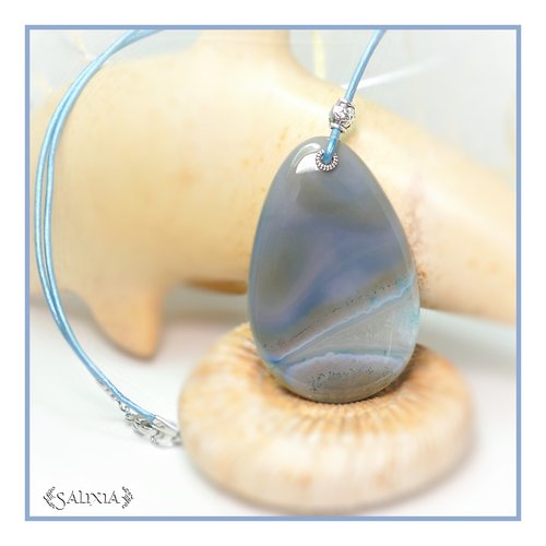 Pièce unique - collier pendentif pierre fine d'agate striée inclusion de quartz cordon cuir turquoise métallisé (#c106)
