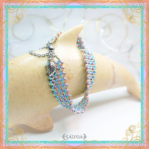 Bracelet "inaya" turquoise tissé à l'aiguille avec des perles en verre japonaises (#bc105 p129)