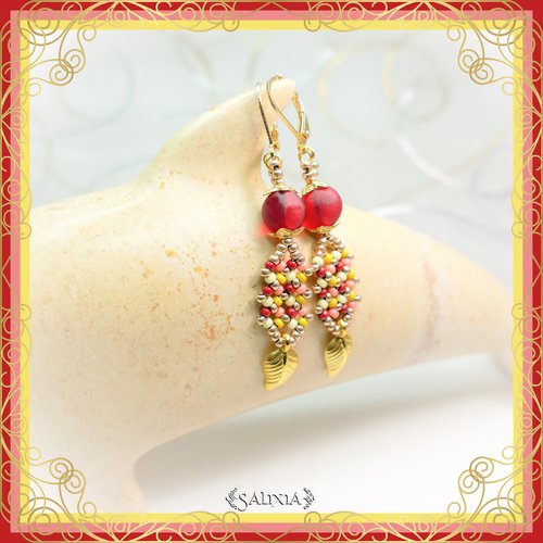 Boucles d'oreilles "inaya" cherry red dormeuses dorées à l'or fin ou crochets acier inoxydable (#bo417 p130)