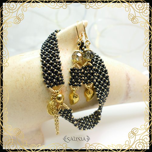 Vendu - bracelet "inaya" black diamond tissé à l'aiguille avec des perles en verre japonaises (#bc108 p132)