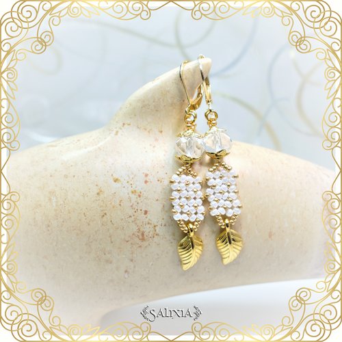 Boucles d'oreilles "inaya" white ceylon dormeuses dorées à l'or fin ou crochets acier inoxydable (#bo420 p133)