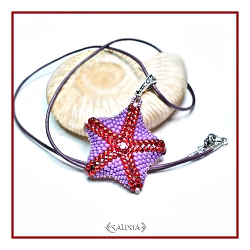 Collier pendentif étoile de mer mauve et rubis cordon cuir ou chaine acier inoxydable au choix (#c110)