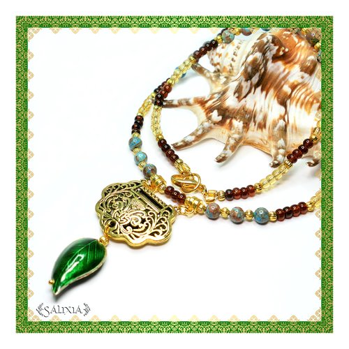 Pièce unique - collier pendentif ethnique soraya agate d'indonésie et sa feuille émeraude (#c115)