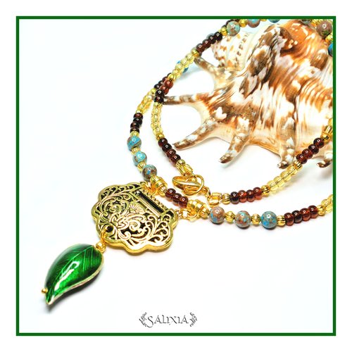 Pièce unique - collier pendentif ethnique soraya agate d'indonésie et sa feuille émeraude (#c115)