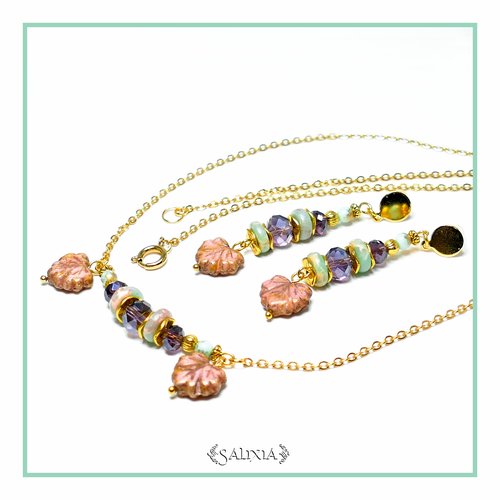 Collier "samantha" cristal et pierres fines de jaspe chaîne et mousqueton acier inoxydable doré (#c111 p140)