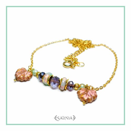 Collier "samantha" cristal et pierres fines de jaspe chaîne et mousqueton acier inoxydable doré (#c111 p140)