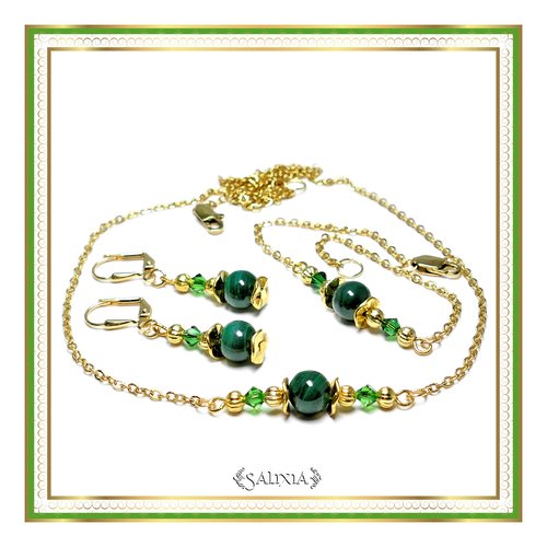 Collier pierres fines "elina" cristal pierre fine de malachite véritable chaine et mousqueton acier inoxydable doré (#c112 p142)