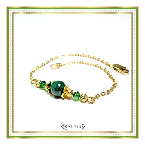 Bracelet "elina" cristal pierre fine de malachite véritable chaine et mousqueton inoxydable doré (#bc116 p142)