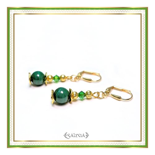 Boucles d'oreilles "elina" cristal perles de malachite dormeuses ou crochets acier inoxydable doré au choix (#bo433 p142)
