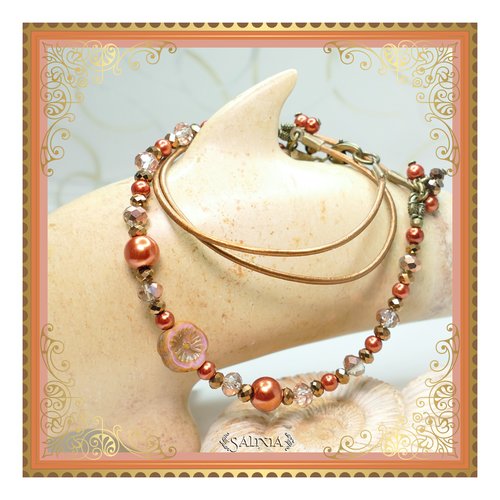 Collier bohème chic "kalia" cristal et perles nacrées cuivrées perle hawaïenne cordon cuir bronze (#c113 p143)