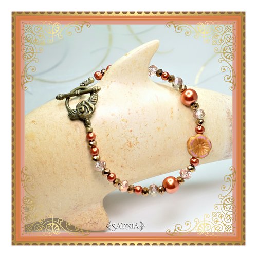 Bracelet bohème chic "kalia" cristal et perles cuivrées perle hawaïenne fermoir toggle "rose" bronze (#bc117 p143)