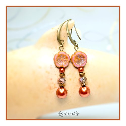 Boucles d'oreilles bohème chic "kalia" cristal et perles nacrées cuivrées crochets au choix (#bo434 p143)