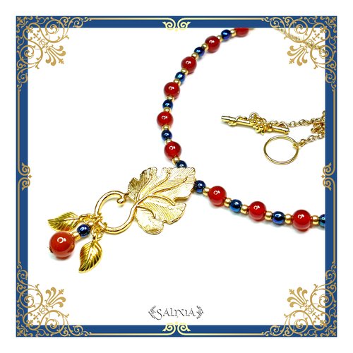 Pièce unique - collier "gemma" de style art nouveau pierres fines de cornaline perles de bohème chaine acier inoxydable (#c114 p144)