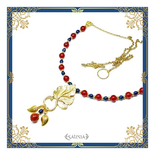 Pièce unique - collier "gemma" de style art nouveau pierres fines de cornaline perles de bohème chaine acier inoxydable (#c114 p144)