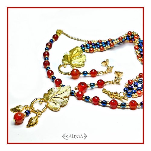 Pièce unique - collier "gemma" de style art nouveau pierres fines de cornaline perles de bohème chaine acier inoxydable (#c114 p144)