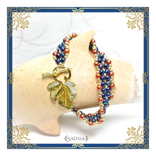 Bracelet "gemma" de style art nouveau perles nacrées cuivrées perles de bohème fermoir toggle feuille (#bc118 p144)