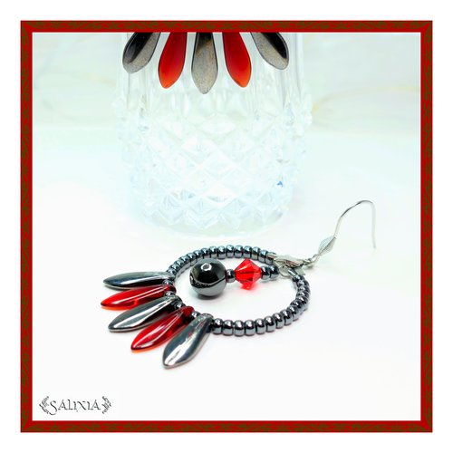 Boucles d'oreilles créoles pierres fines d'hématite et cristal crochets acier inoxydable (#bo440)