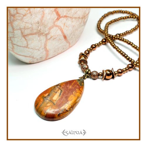 Pièce unique - collier "marissa" pendentif pierre fine de jaspe mokaïte d'hématite rouge cuivré (#c119 p146)