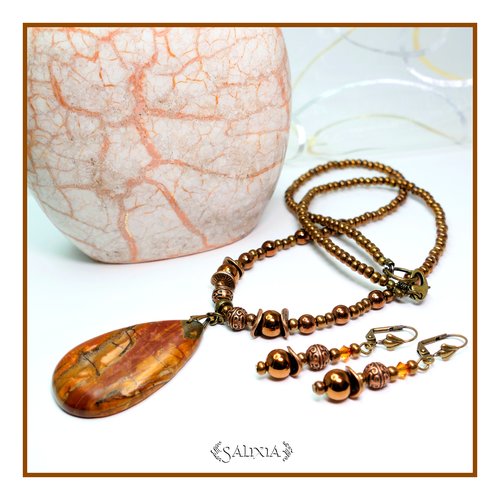Pièce unique - collier "marissa" pendentif pierre fine de jaspe mokaïte d'hématite rouge cuivré (#c119 p146)