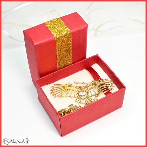 Boîte cadeau bijoux rouge, ruban doré pailleté 7x5x3cm (#bt8)