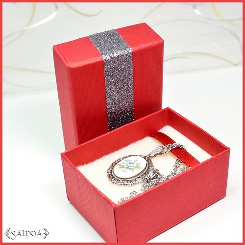 Boîte cadeau bijoux rouge, ruban gris anthracite pailleté 7x5x3cm (#bt9)