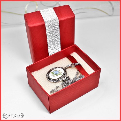 Boîte cadeau bijoux rouge, ruban gris argent texturé pailleté 7x5x3cm (#bt10)